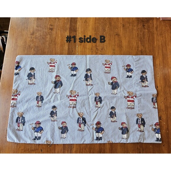 VTG Ralph Lauren Polo Bear Blue White Ticking Stripe Pillowcase X2  100% cotton - Picture 2 of 8